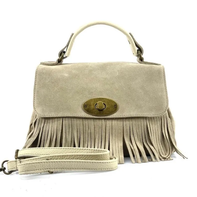 Bag With Fringes And Suede Shoulder Strap