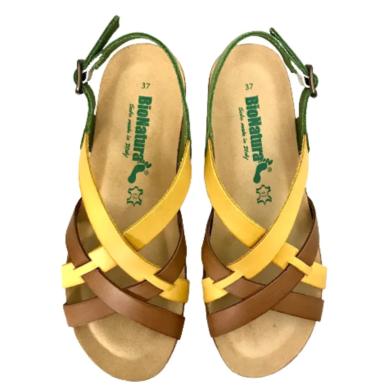 Bionatura Sandal In Green, Yellow, Brown Leather