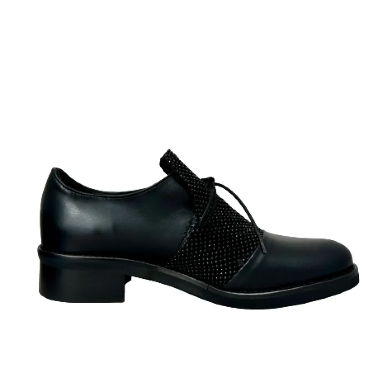 Black Leather And Suede Shoe With PFV Rhinestones