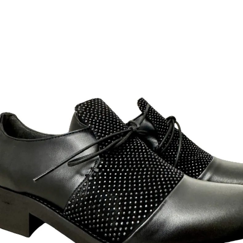 Black Leather And Suede Shoe With PFV Rhinestones