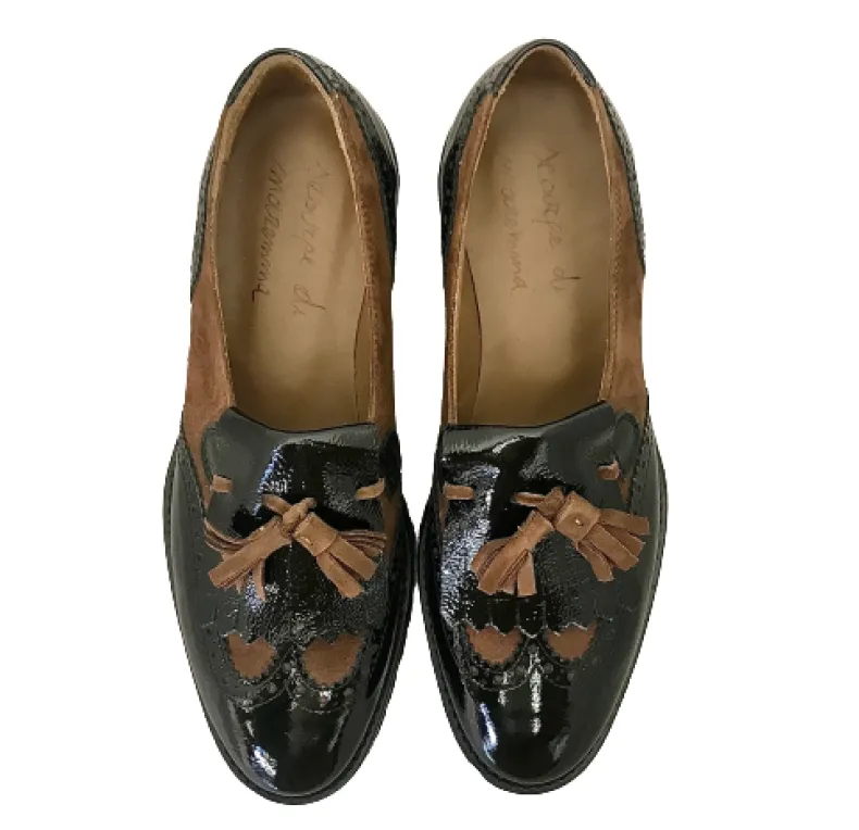 Black Patent Moccasin And Brown Suede