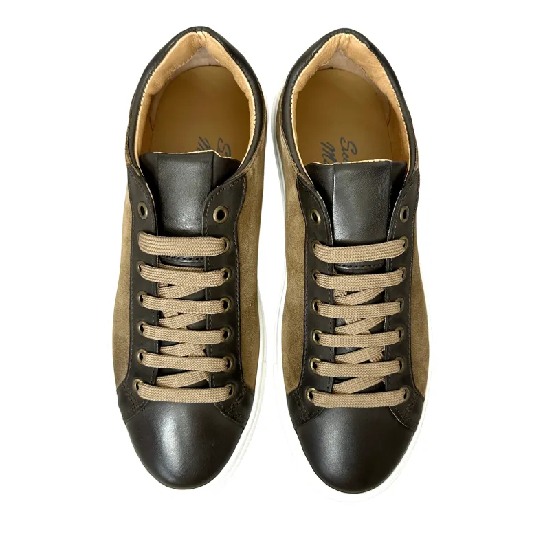 Handcrafted Sneakers In Taupe Nubuck And Dark Brown Leather