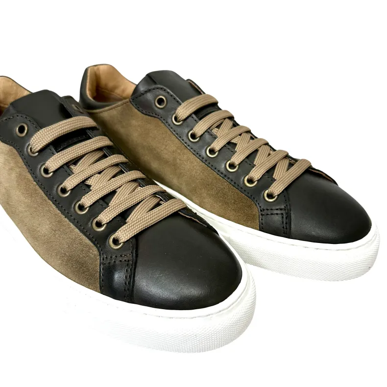 Handcrafted Sneakers In Taupe Nubuck And Dark Brown Leather