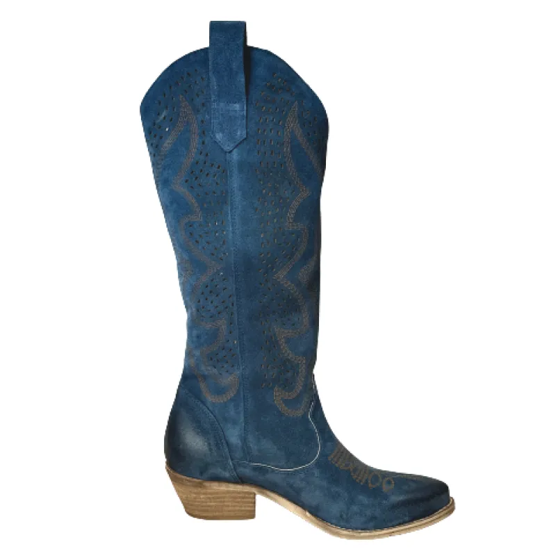 Handcrafted Texan In High Blue Lasered Suede