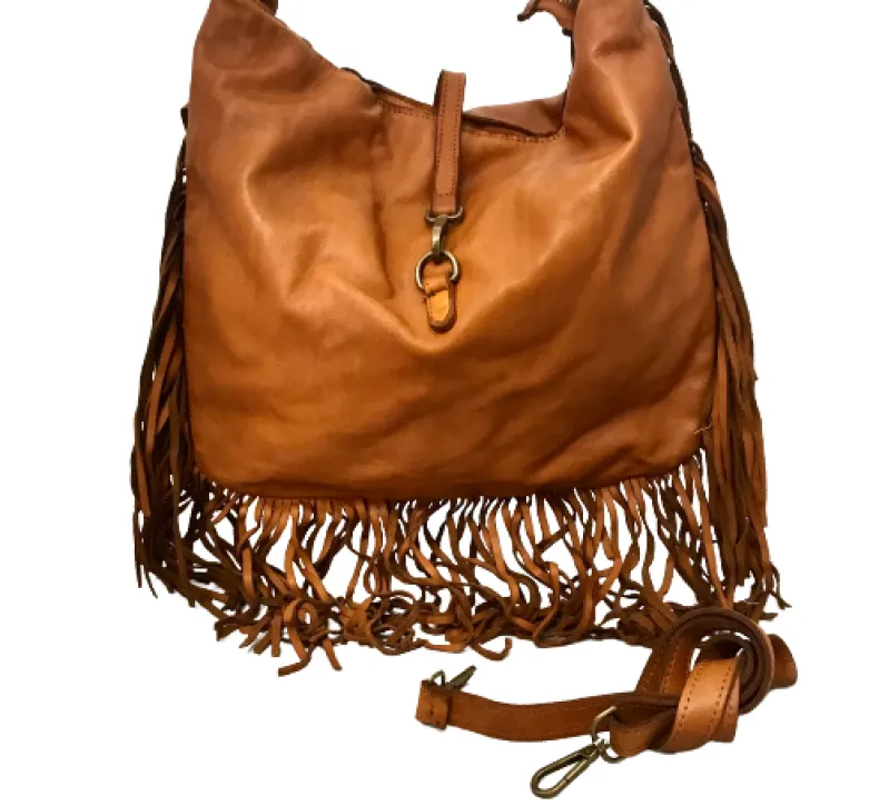 Handmade Bag In Washed Leather With Fringes