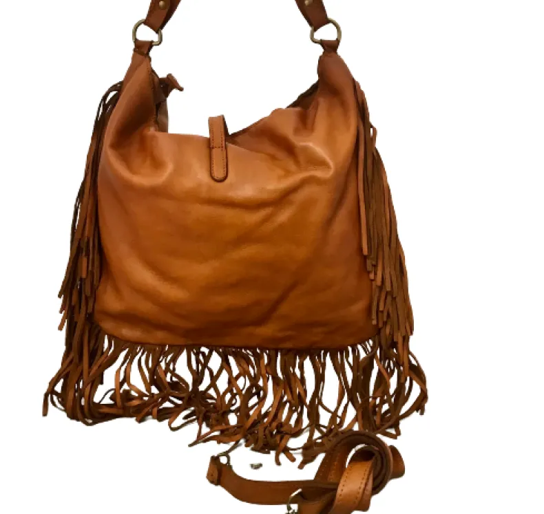 Handmade Bag In Washed Leather With Fringes