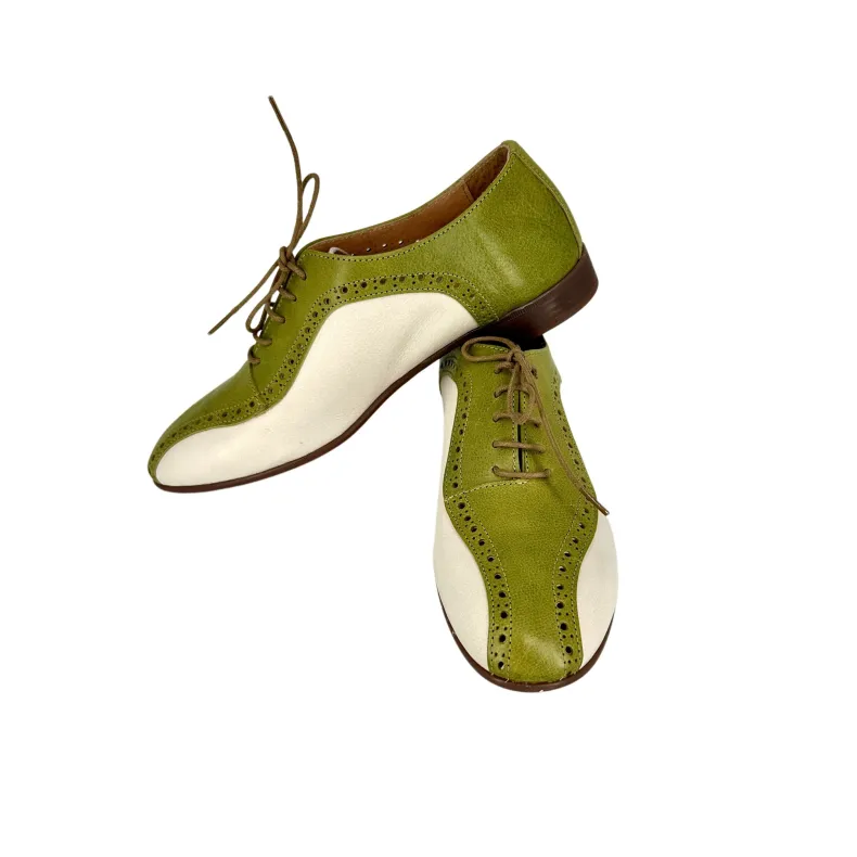 Handmade Lace-up In Green And Off-white Dipped Leather