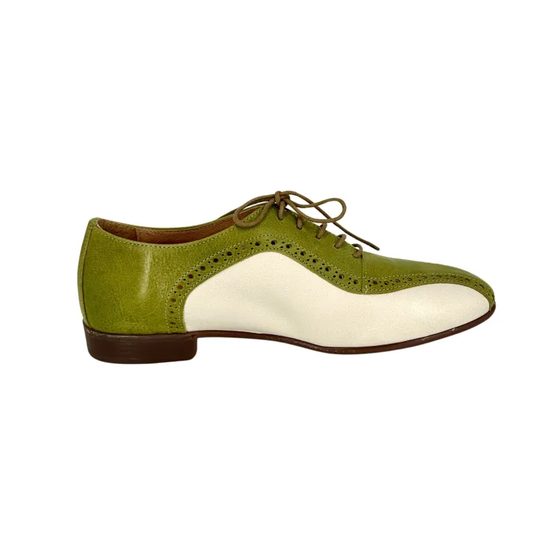 Handmade Lace-up In Green And Off-white Dipped Leather