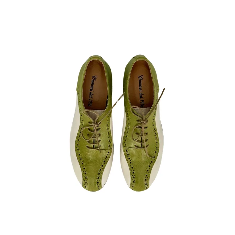 Handmade Lace-up In Green And Off-white Dipped Leather