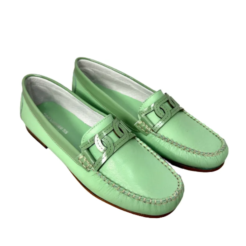 Handmade Moccasin In Mint Green Leather And Patent Leather