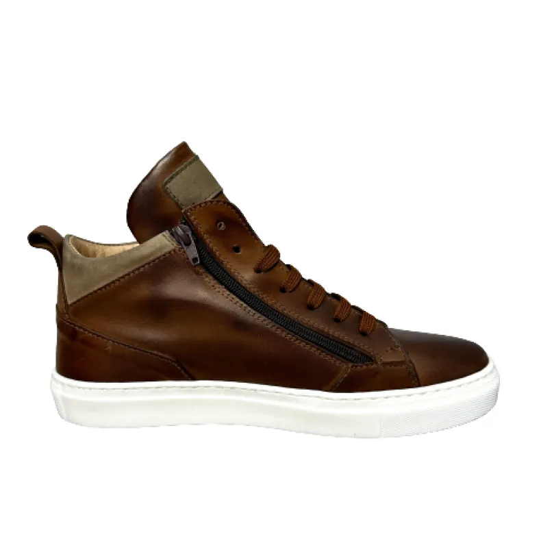 High-top Handmade Sneakers In Brown Leather