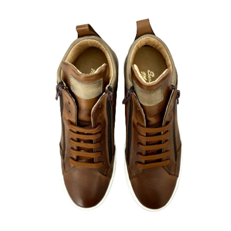 High-top Handmade Sneakers In Brown Leather