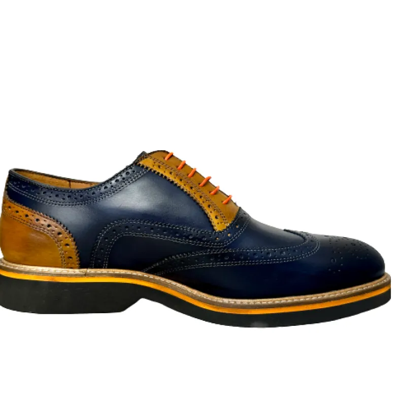 Lace-up In Blue And Ocher Leather