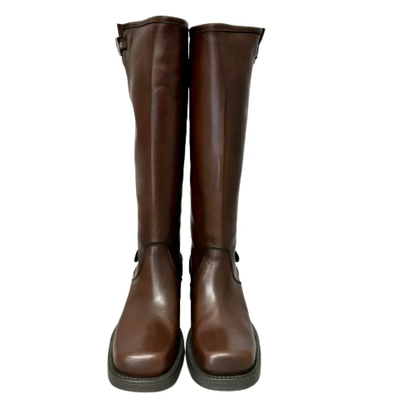 PFV Brown Biker Boot With Buckles And Square Toe