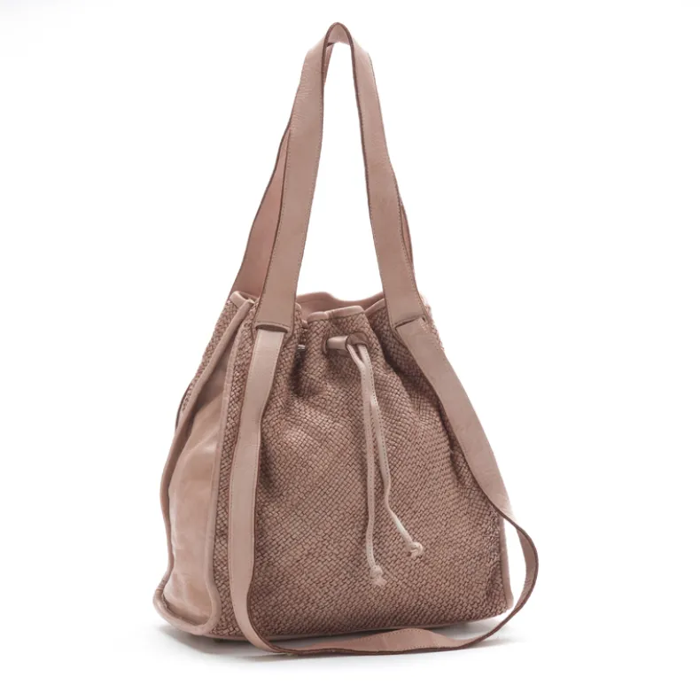 Woven Leather Bucket Bag With Two Shoulder Straps